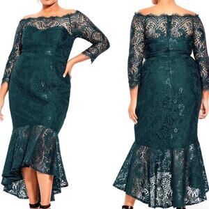 City Chic Plus Estella Off-the-Shoulder Lace Dress 16 Mermaid Green Wedding